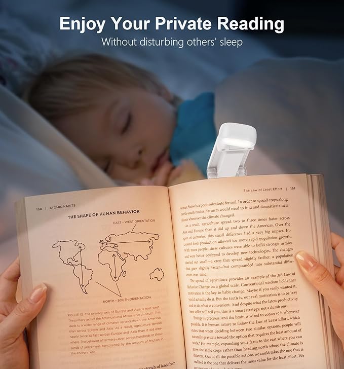 Gritin Reading Light, Rechargeable Book Light for Reading in Bed - Eye Caring 3 Color Temperatures, 5-Level Dimmable Brightness, Long Lasting, Compact Size Clip on Book Lamp for Bookworms-White