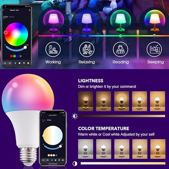 4 Pack Smart Light Bulbs,WiFi & Bluetooth LED Light Bulb That Works with Alexa & Google Home, Color Changing Light Bulb, 10W A19 E26 2.4Ghz WiFi Light Bulbs 60 watt Equivalent, 800lm Dimmable
