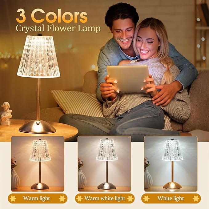 Diydeg Cordless Table Lamp, Touch Control Stepless Dimmable Crystal Table Lamp with 3 Modes, Rechargeable Battery Operated Small Nightstand Lamp for Bedroom, Living Room