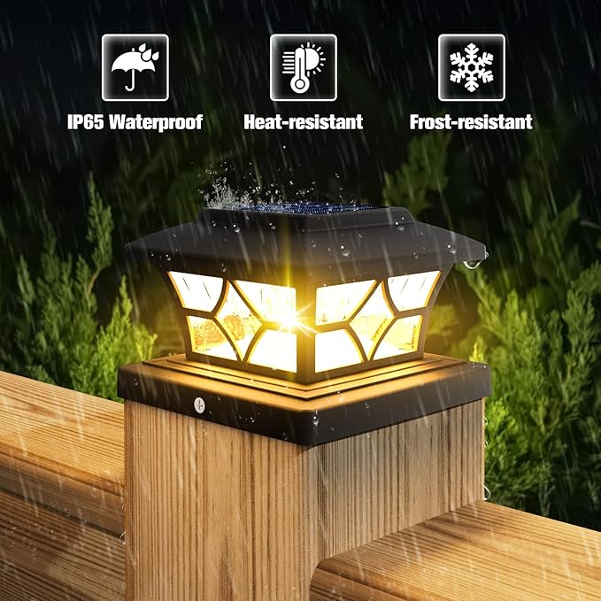 VOLISUN Solar Post Cap Lights Outdoor, Solar Powered Fence Cap Lights for 4x4 Vinyl/Wood, Black Waterproof Solar Deck Post Light 4Pack Cool/Warm for Garden Patio Porch