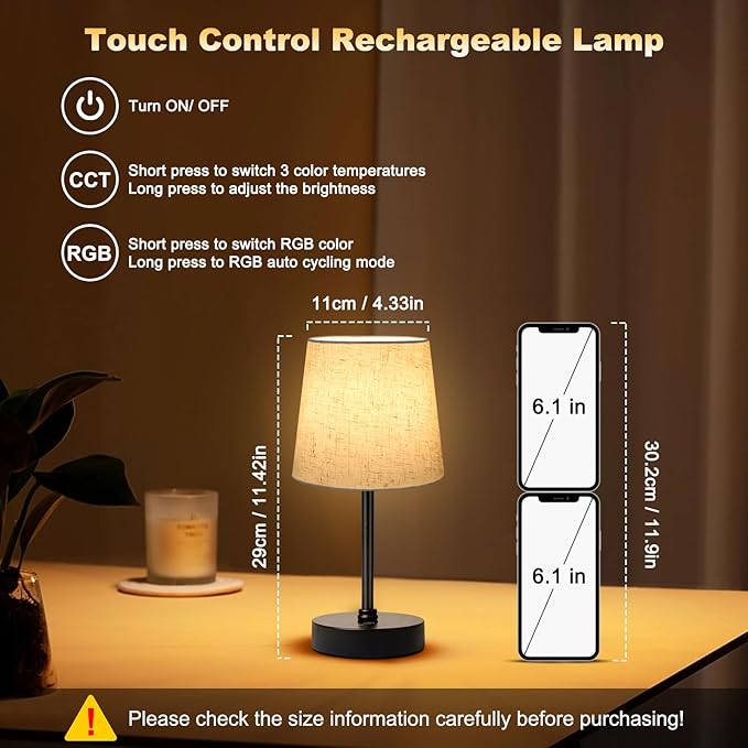 Small Cordless Table Lamp,5000mAh Rechargeable Battery Operated Desk Lamp,3 Colors & 7 RGB Stepless Dimmable, Portable Touch Wireless Lamp for Bedroom,Dining Table,Restaurant 2 Pack (Flaxen)