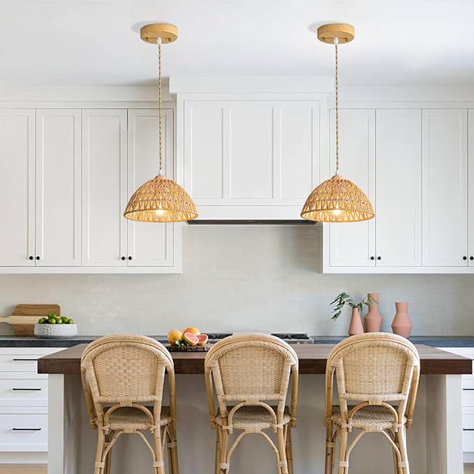 Farmhouse Wicker Pendant Light, 1-Light Boho Rattan Chandelier Light Fixture, Ceiling Hanging with Woven Lampshade, for Kitchen Bedroom Island Hallway, ETL Listed