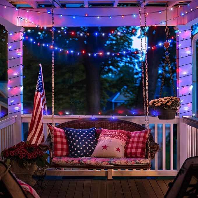 JMEXSUSS 2 Pack Solar String Lights Outdoor Waterproof, Total 400 LED 151FT Solar Christmas Lights Outdoor, 8 Modes Christmas Light for Outside Patio Yard Tree Decorations, Red White and Blue