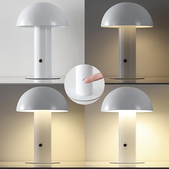 JONATHAN Y 10.75" White Rechargeable LED Mushroom Table Lamp, Cordless Portable Bedside Lamp for Living Room Bedroom, 3-Way Dimmable Modern Iron Desk Light, Metal Shade (JYL7115B)
