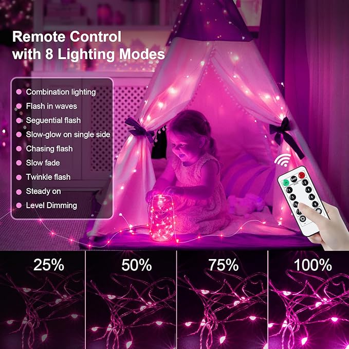 AIKEI 6 Pack LED Fairy Lights with Timer Battery Operated, Mini String Lights with Remote Waterproof 7ft 20 Led Firefly Starry Lighting for Wedding Party Bedroom Garden Christmas Decoration Pink
