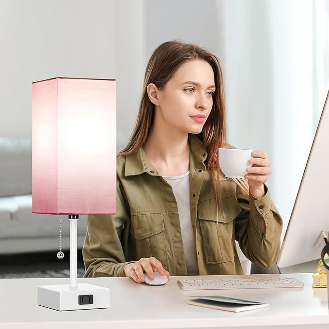 15'' Table Lamp for Bedroom set of 2,3-Color Bedside Lamps with Pull Chain Table Lamps for Night stands ,Small Night Light Lamps with 2 Bulbs Lamps for Living Room Kids Room Office Decor（Pink+White）