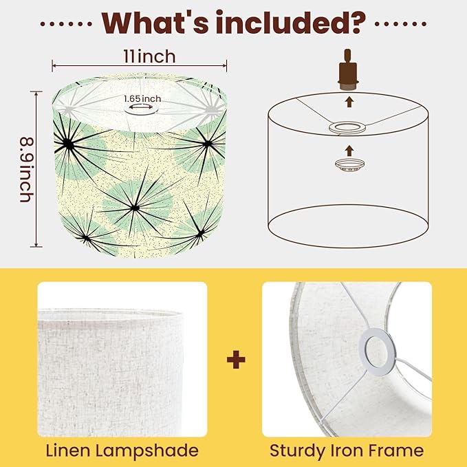 Drum Lamp Shade Atomic Starbursts Mid Century Modern Sputnik Palm Springs Radiating Lampshades for Floor Lamps Table Lamp Pendant Light 8.9"x11" Linen Lamp Cover Replacement Large Lamp Shade