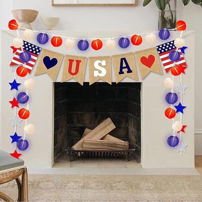 SUNSGNE Red White Blue Lantern String Lights 8.5Ft, Multicolor Lantern Decoration Lights with 10 Red White and Blue Lanterns for Patio Backyard Garden Memorial Day Presidents Day Decor