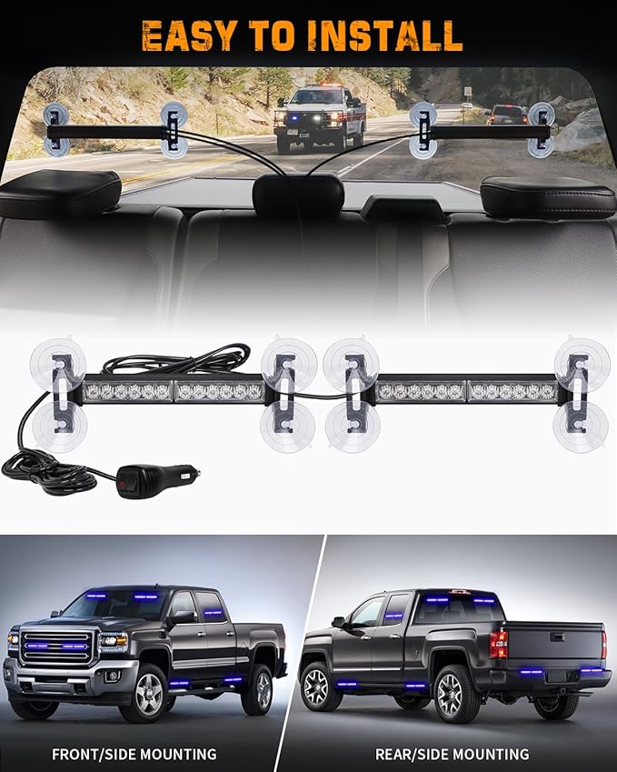 XRIDONSEN 2x 10.7 inch Blue Emergency Lights 24 LED Warning Flashing Safety Side Window Front/Rear Windshield Strobe Lights Grill Surface Mount for Police Firefighter POV Ambulance Vehicles Trucks Car