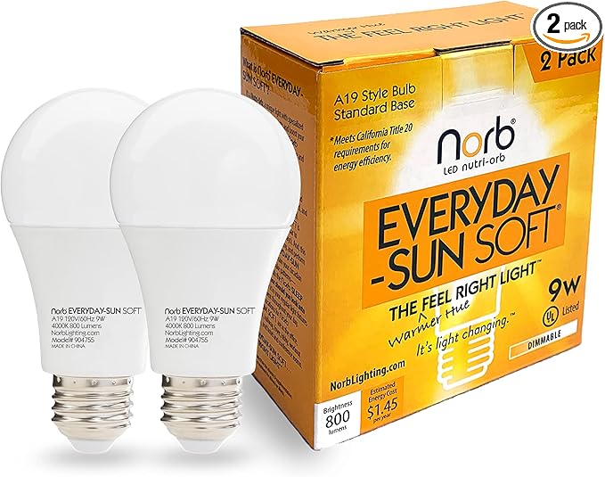 Norb Everyday Sun Soft Full Spectrum Wellness Light Bulb, 2-Pack – Natural Daylight LED Sunlight-Mimicking Technology for Energy & Mood, 9W 4000K, A19, Supports Sleep/Wake Cycles