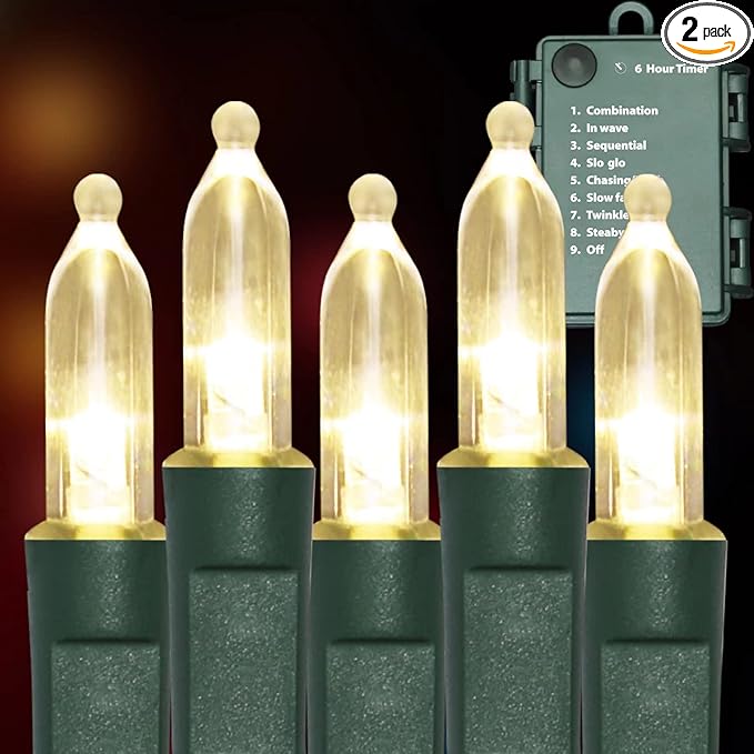 100LED Mini Lights,Green Wire,Waterproof Battery Case,Multi Functions,Timer,Warm White（2 Sets - Each 50 Count LED）