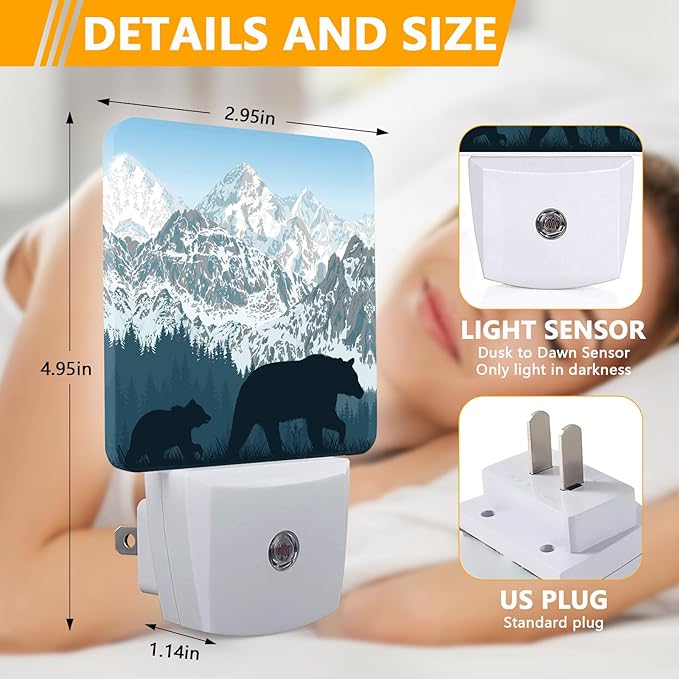 Bear Mountains Night Light, Plug-into Wild Animals Forest Nightlight White LED Lamp, Energy Efficient Decor Desk Lamp for Bedroom Hallway Stairs Bathroom