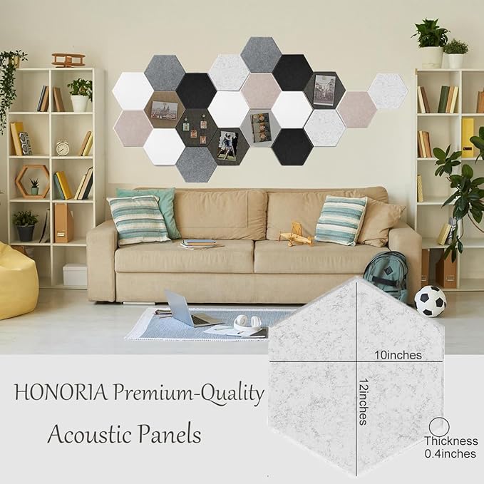 HONORIA 12-Pack Acoustic Panels, Soundproof Wall Panels, Hexagon Self-Adhesive 12"X10"X0.4, High Density Sound Dampening Panels- Silver Grey