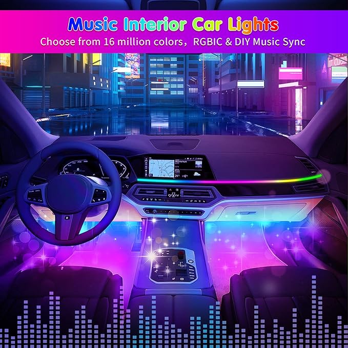 Car Led Light Interior, RGB Dreamcolor Inside Car Light Music Sync, Under Dash Footwell automotive Strip Light, 12V Acrylic Strip Light for Vehicle, Truck,Jeep, SUV with Car Charger(1set)