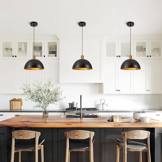 12 Inch Black Dome Pendant Lights 3 Pack for Kitchen Island, Height Adjustable Farmhouse Industrial Hanging Light Fixtures Over Table for Dining Room, Entryway