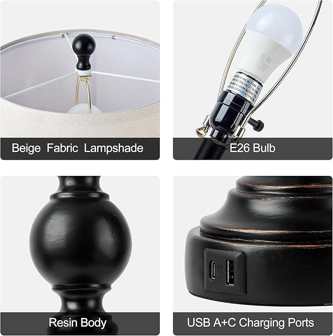 Farmhouse Lamp for Bedroom Set of 2, Table Lamp for Nightstand with Dual USB Charging Ports, 28" Table Lamps for Living Room, Bulb Not Included