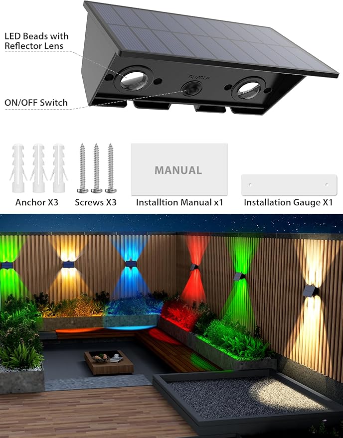 Solar Fence Lights,12 Pack Solar Lights Outdoor Warm White + RGB Up & Down Solar Wall Lights Waterproof 100 Lumens Dusk to Dawn Solar Powered Fence Light for Backyard/Pool/Railing/Patio/Porch/Step
