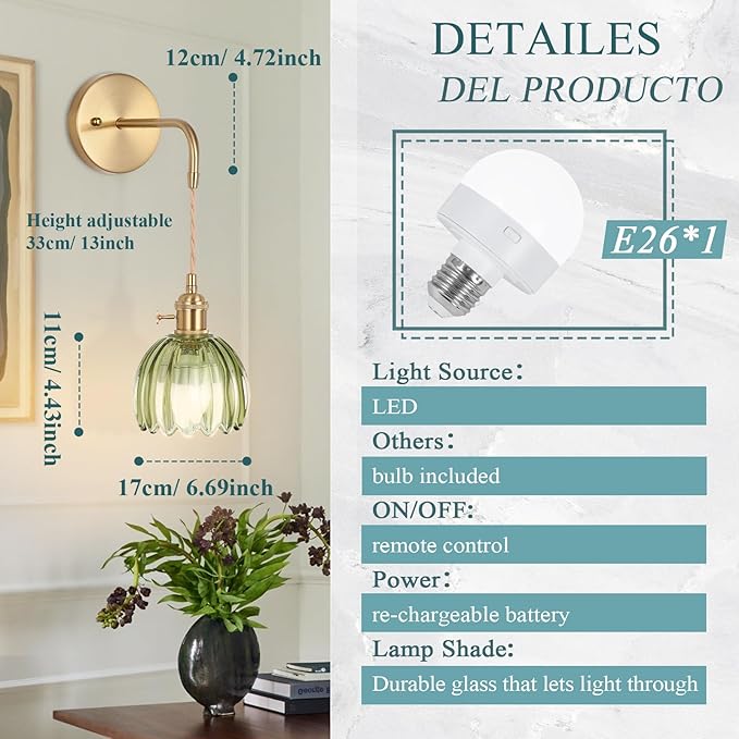 Vintage Wall Sconce, Battery Operated Wall Sconce with Deep Green Tulip Glass Lampshade, Indoor not Hardwired Wall Sconces with Remote, Rechargeable Vintage Wall Lamp, for Bedroom Living Room