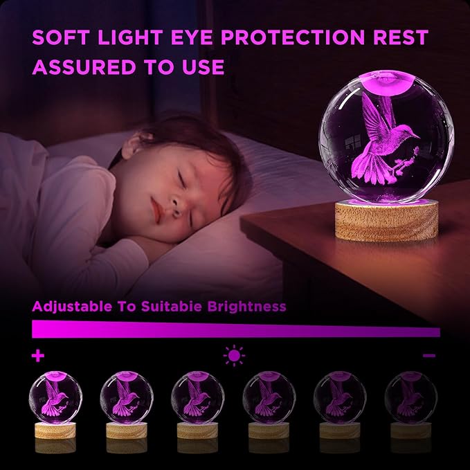 3D Hummingbird Crystal Ball Night Light 3.15 inch Hummingbird Figurines Glass Ball Lamp with 16 Color Changing and Remote Hummingbird Decor Gifts Ideal for Women Friends Christmas Birthday
