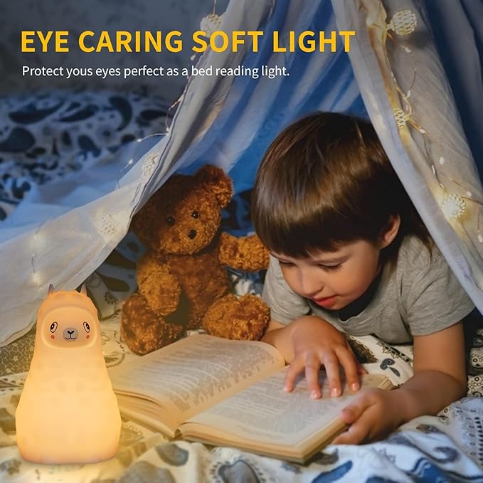 Cute Llama Night Light for Kids, Silicone LED Nursery Lamp with Soft Glow, Rechargeable Touch Control Bedside Lamp for Bedroom, Night Light Up Toddler Bed Rooms