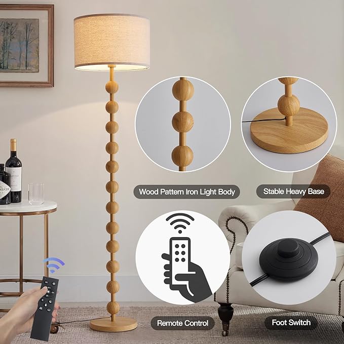 Modern Dimmable Remote Control Floor Lamp for Living Room Bedroom with LED E26 Bulb, Yellow Wood Pattern Iron Tall Standing Lamp Light with Fabric Shade for Nursery Room Home Office