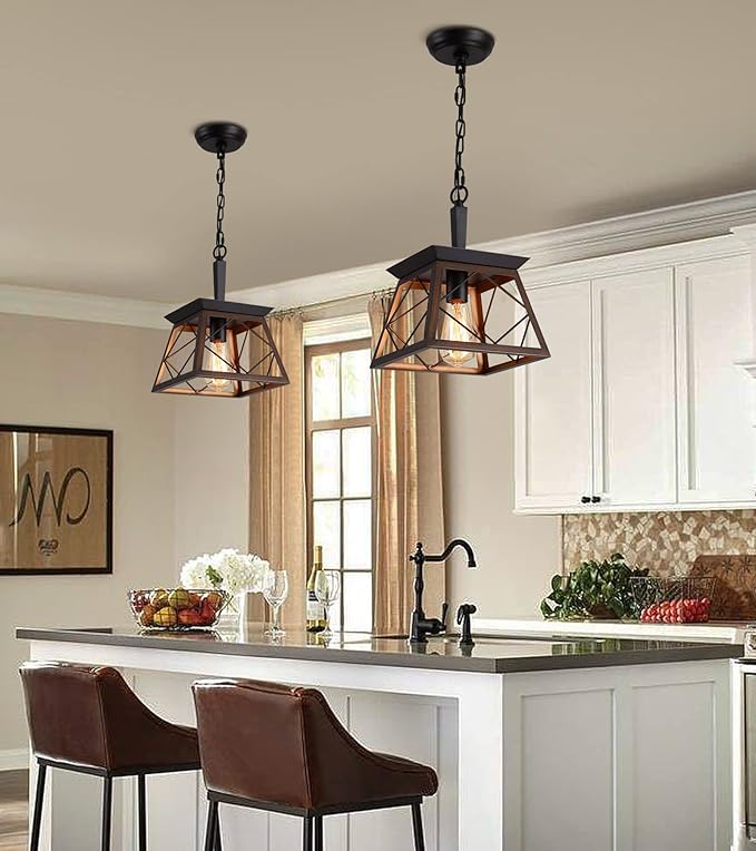 Q&S Farmhouse Hanging Pendant Light Fixture,Vintage Industrial Lantern Bronze Chandelier 1-Light for Hallway Entryway Kitchen Island Dining Room UL Listed