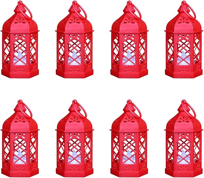 8-Pack Mini Lanterns for Ramadan, Christmas, Small Decorative Lanterns with Flickering LED Candle for Enchanted Forest Wedding, Moroccan Lantern for Table Centerpiece, Medieval Decor, Red