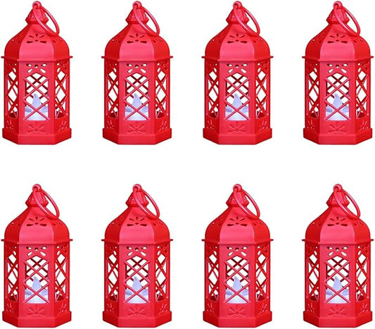 8-Pack Mini Lanterns for Ramadan, Christmas, Small Decorative Lanterns with Flickering LED Candle for Enchanted Forest Wedding, Moroccan Lantern for Table Centerpiece, Medieval Decor, Red