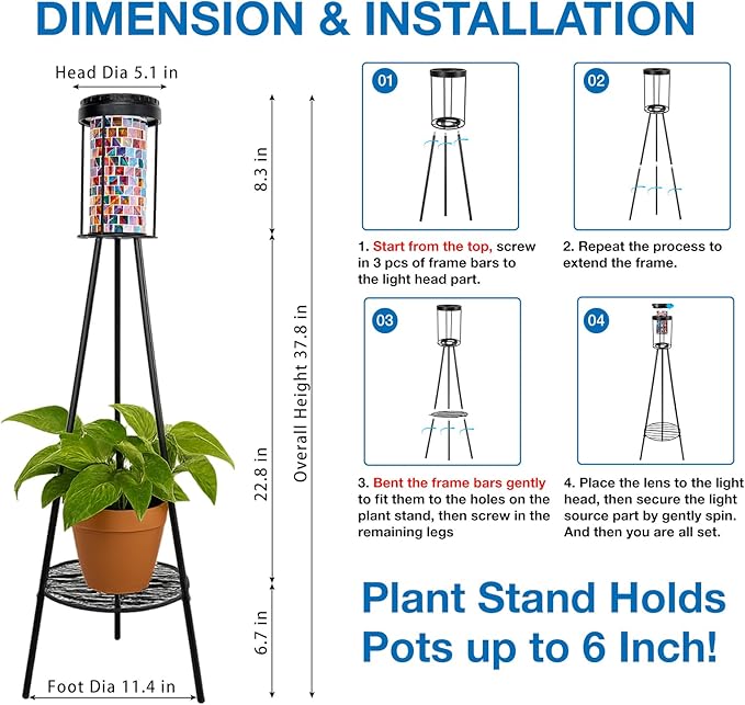Outdoor Lamps for Patio, Outdoor Floor Lamp with Plant Stand, Solar Powered RGB Lights, Waterproof Standing Lamp for Garden Yard Décor, Stained Glass Decorative Floor Lamp, Gift for Women Mom