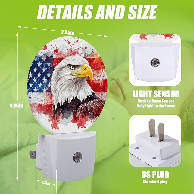 American Flag Eagle Night Light,Watercolor USA Flag Plug-in Night Lights with Dusk-to-Dawn Sensor for Bedroom Bathroom and Living Room Sleep Friendly lamp