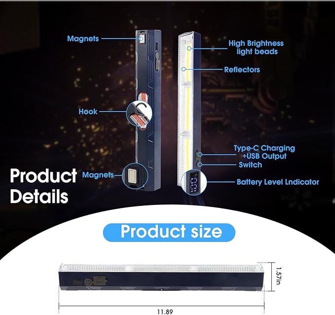 LETOUR Magnetic Light BAR, 11.81-inches 5000mAh 6000 Lumens Rechargeable Portable Lamp Built in 165 LED Bulbs,with Handy Hook with 2 Magnets Endurance