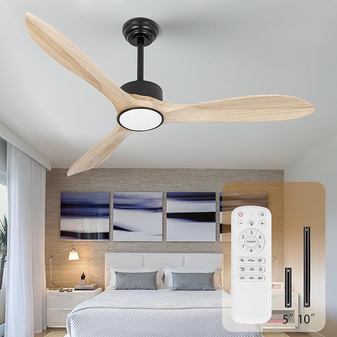 Wood Ceiling Fan with Lights,52Inch Ceiling Fans with Remote Control,Dimmable Light,3 CCT,6 Speeds,Noiseless DC Motor,2 downrod,Ceiling Fan for Bedroom,Living Room,Office,Indoor