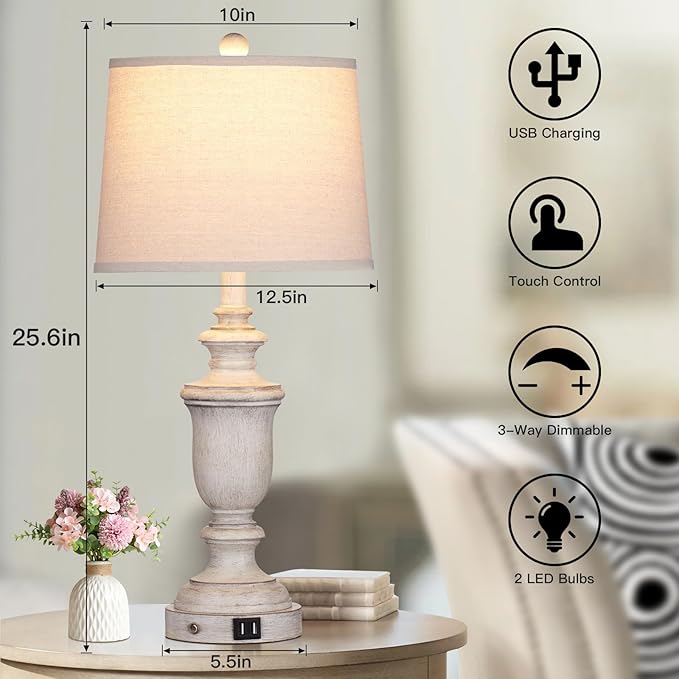 Farmhouse Table Lamps Set of 2 with USB Charging Port for Rustic Living Room Retro Bedroom,3-Way Dimmable Touch Lamp Resin Bedside Lamps for Nightstand Side End Table,Color 2