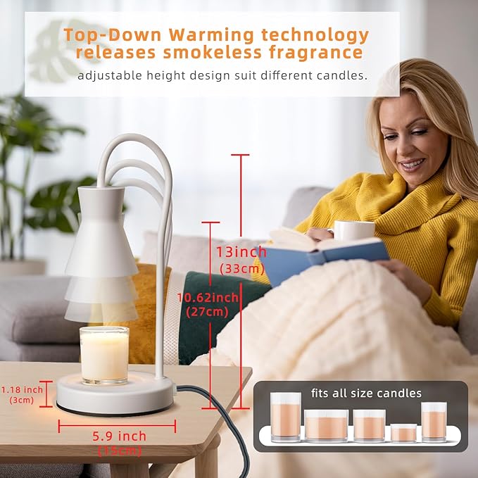 Candle Warmer Lamp with Timer and Dimmer, Vintage Electric Candle Melter with 2 Bulbs, Melter Scented Candle Height Adjustable Compatible with Jar Candles, House Warming Gifts (White)