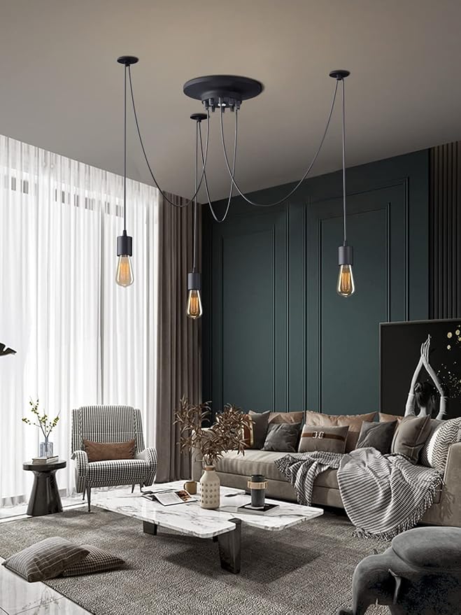 Fuloon Vintage Edison Multiple Ajustable DIY Ceiling Spider Lamp Light Pendant Lighting Chandelier Modern Chic Industrial Dining Without Romote Control (3 Head Cable 200cm/78.7inch) (3 Head)