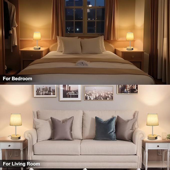 Ascher Small Bedside Table lamp Set of 2, RGB Color Changing Lamps, 3 Color Temperatures, Stepless Dimmable, Nightstand Lamp with USB C+A Ports for Bedroom Living Room, (Flaxen Shade, Wood Grain Base)