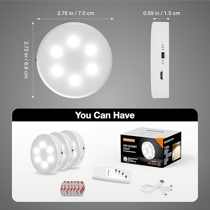 Puck Lights with Remote Control, Magnetic Under Cabinet Lighting, 1200mAh Rechargeable Stick On Lights for Under Cabinet, Hallway, Stairway, Closet (Cool White, 6pcs)