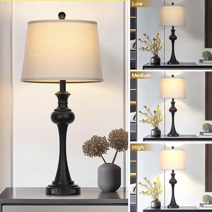 28.75" Black Table Lamps Modern 3-Way Dimmable Bedside Lamp with USB A+C Ports & AC Outlets for Living Room Bedroom Nightstand Lamp,Beige Fabric Shade Mid Century Accent Style