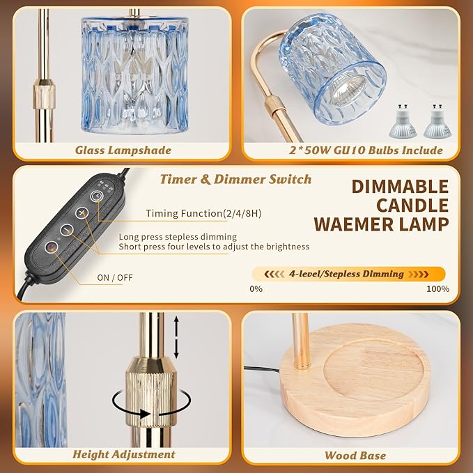 Candle Warmer Lamp with Timer and Dimmer, Height and Brightness Adjustable,Glass Electric Wax Warmer with 2 Bulbs for Women Mom Gifts, Home Decor for Scented Jar Candles (Blue)