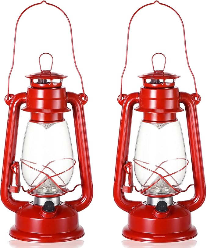 Hortsun 2 Pcs 12 Inch Vintage LED Hurricane Lantern Metal Red Outdoor Battery Operated Hanging Lantern with Warm LEDs and Dimmer Switch for Halloween Christmas Indoor Rustic Farmhouse Camping Decor