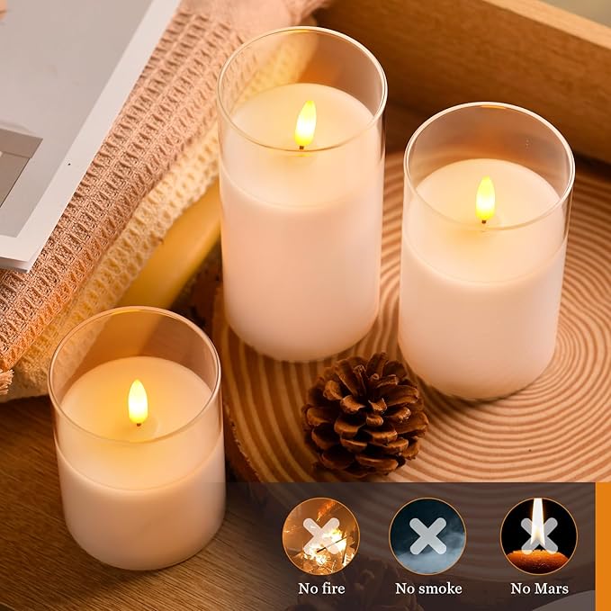 Tyawon Glass Battery Operated LED Flameless Candles with Remote and Timer, Real Wax Candles Warm Color Flickering Light for Festival Wedding Home Party Decor(Pack of 3)-Lvory White