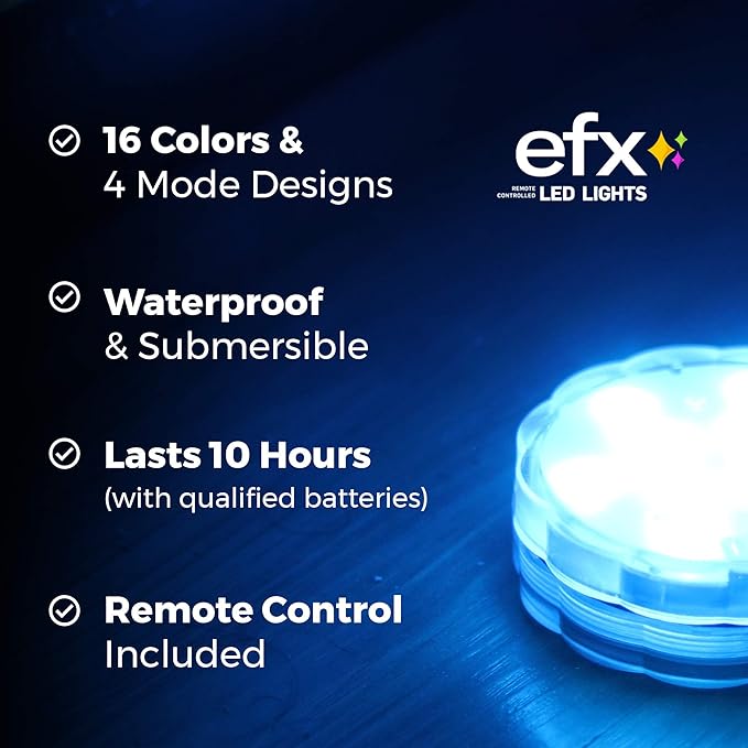 LUMN8 EFX by Boundery - Multicolor Accent Submersible, Waterproof LED Lights - Premium Indoor & Outdoor Battery Operated Lights - LED Puck Light for Events, Patio, Pool, Hot Tub, Shower - 12-Pack