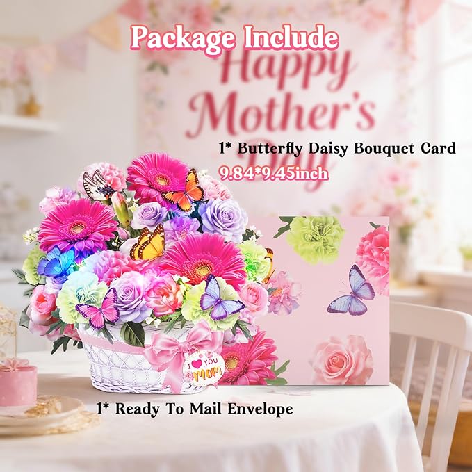 Mothers Day Card with Music & Lights, 3D Pop Up Mother's Day Cards, Gerbera Daisy & Butterfly, 10 Inch Forever Flower Bouquet Birthday Gift for Wife, Women, Mom