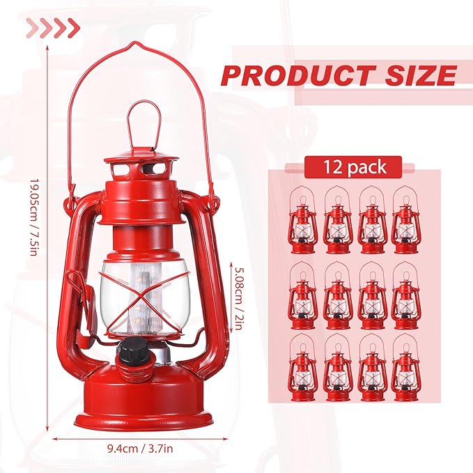 Hortsun 12 Pcs 8 Inch Vintage LED Hurricane Lantern Metal Red Outdoor Battery Operated Hanging Lantern with Warm LEDs and Dimmer Switch for Halloween Christmas Indoor Rustic Farmhouse Camping Decor