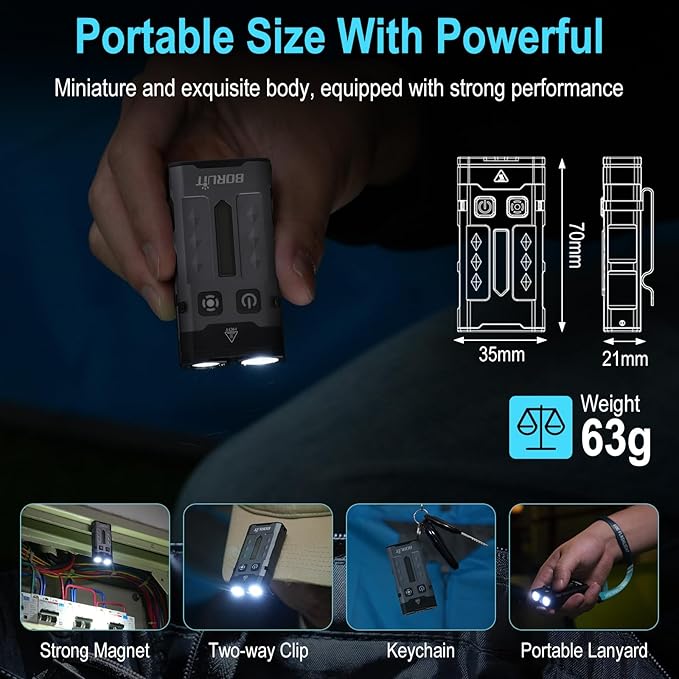 BORUIT EV20 LED Small EDC Flashlight with 365nm UV Light,1100 Lumen USB-C Rechargeable Pocket Keychain Flashlights with RGB Side Light,IP66 Waterproof,Clip & Tail Magnet for Camping,Aluminum Black