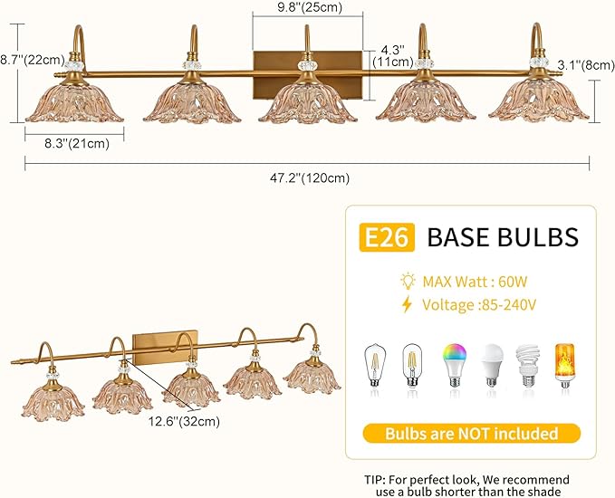 Vintage Bathroom Vanity Light, 5-Light Matte Brass Finish Vanity Light with Floral Amber Glass Shades, Retro Wall Mount Lighting for Bathroom, Living Room