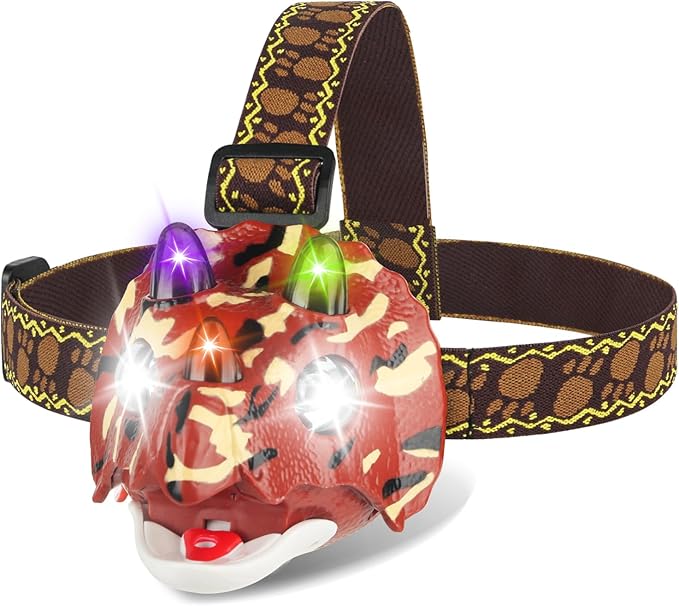 Triceratops LED Headlamp Dinosaur Headlamp for Kids Camping Gear Essentials Dinosaur Toy Headlights Flashlight for Boys Girls or Adults Ideal Gift for Birthday, Halloween, Christmas, New Year