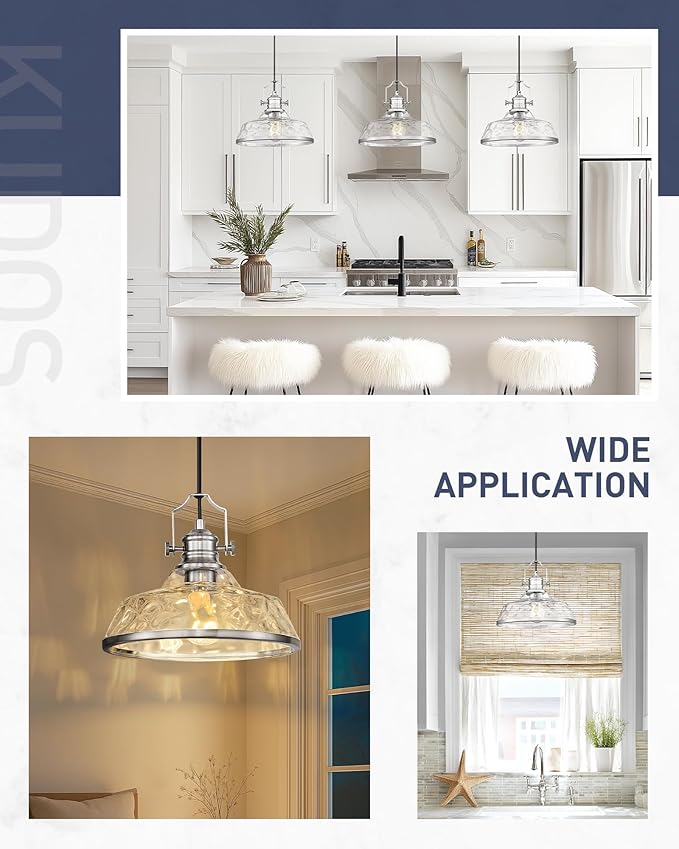 kudos 2 Pack Pendant Lights Kitchen Island, 11" Large Brushed Nickel Kitchen Island Lighting with Hammered Glass Shade, Industrial Hanging Light Fixture for Kitchen Sink Dining Room, KDPL13-BN-H-2PK