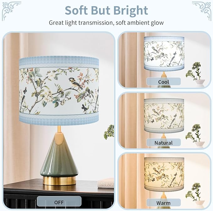 Fabric Linen Lamp Shade Set of 2, Floral and Bird Pattern Lampshade, Blue Lamp Shades for Floor Lamps fit with Spider/Uno, 13x13x10inch Drum Lampshades for Table Lamp/Pendant (Easy Assemble)