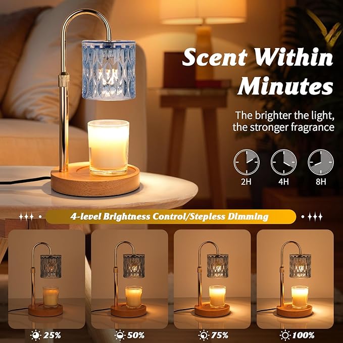 Candle Warmer Lamp with Timer and Dimmer, Height and Brightness Adjustable,Glass Electric Wax Warmer with 2 Bulbs for Women Mom Gifts, Home Decor for Scented Jar Candles (Blue)